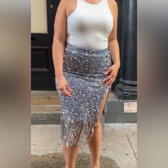 Silver Sequin Fringe Midi Skirt - Picture 3 of 5